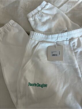 Favorite Daughter White Sweatpants with Green Logo Embroidery